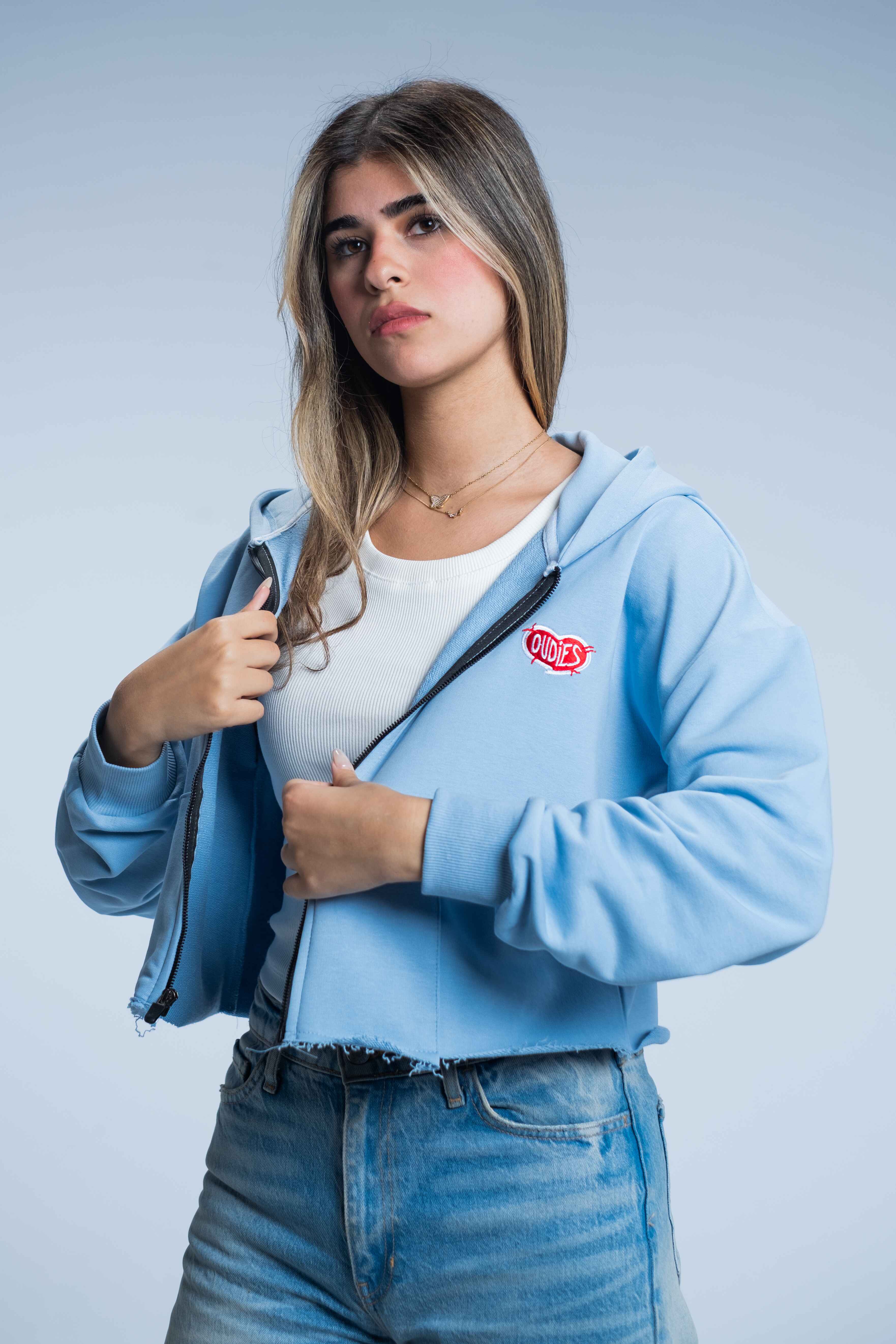 Blue Crop Zip Hoodie