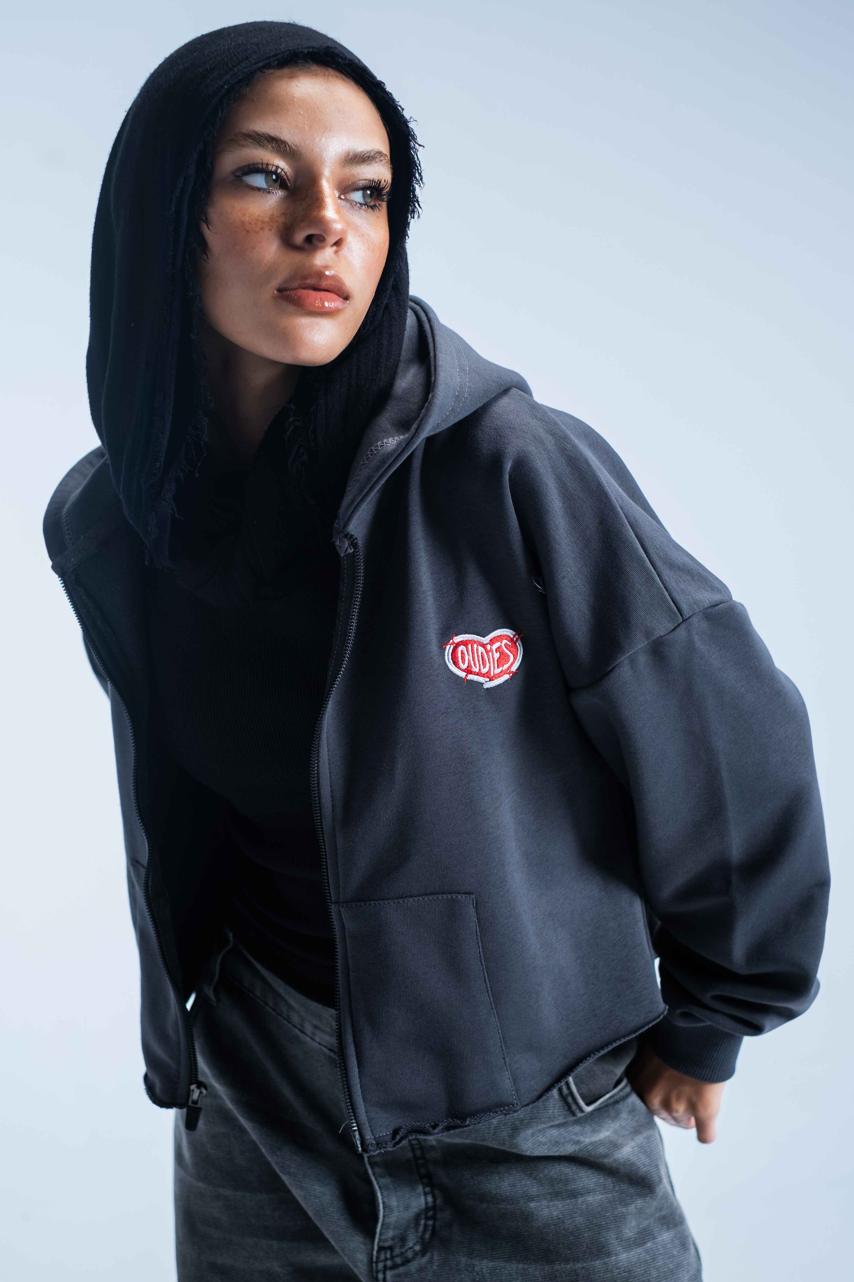 EMBROIDERED CROP HOODIE (GREY)
